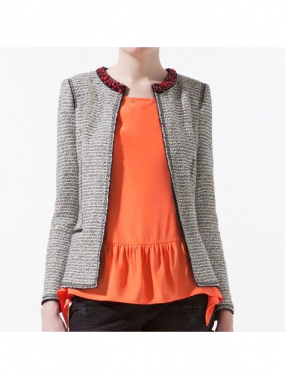 ZARA Embellished Blazer Tweed Boucle Beaded Jacket